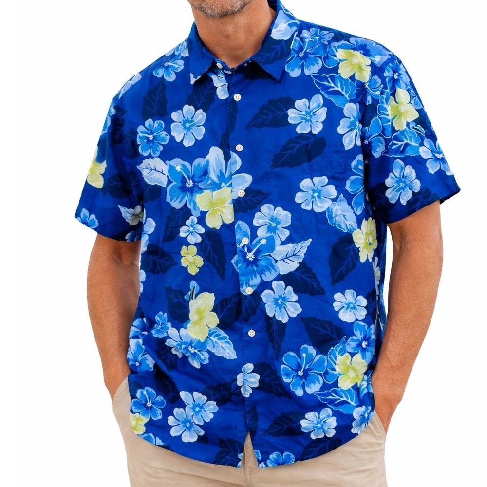Nautica Button Down Mens XL‎ Blue Tropical Hibiscus Floral Seersucker Shirt